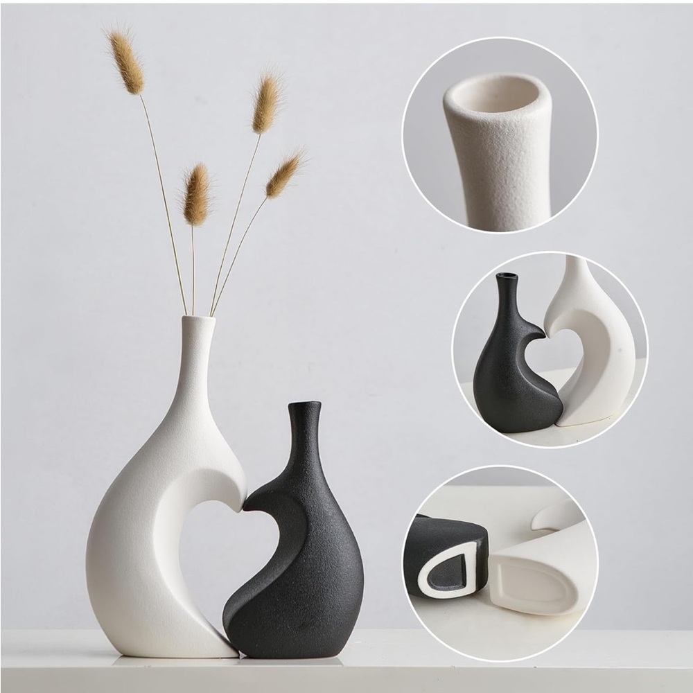 Black and White Heart-Shaped Ceramic Vases